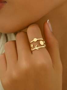 1 Stück modischer, einzigartiger minimalistischer Stern- & Mond-Design Ring, geeignet für den täglichen Gebrauch von Frauen