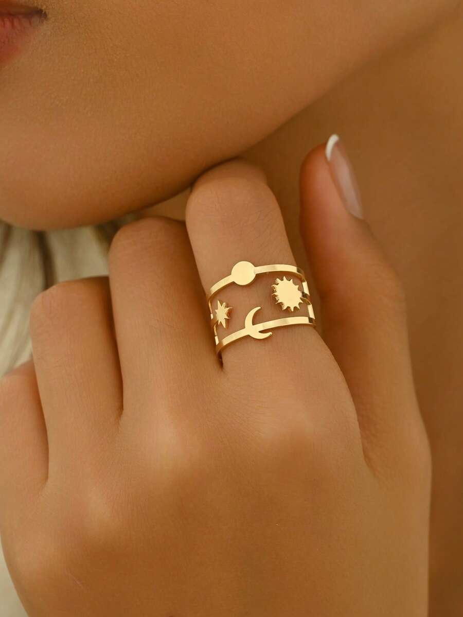 1 Stück modischer, einzigartiger minimalistischer Stern- & Mond-Design Ring, geeignet für den täglichen Gebrauch von Frauen