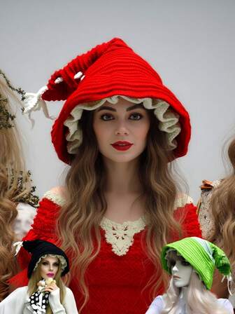 ‌Halloween Red Knitted Witch Hat With White Ruffle & Tassels - Soft Warmth, Lightweight Comfort & Adjustable Strap For Women, Perfect For Parties & Cosplay‌