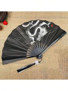 1pc Vintage Style Black Handled Double-Sided Fabric Folding Fan With Chinese Dragon Ink Painting Design - Black - View 10