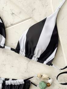 2025 Sexy Women Swimsuit Striped Bikini Set Fashionable Contrast Stone Swimwear Summer Beach Bathing Suit Vacation