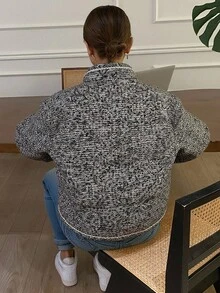 Livesso 女秋冬时尚纹理格子丝带撞色块立领厚款短款夹克，宽松休闲面包屑图案棉服 - 黑色 - 查看 3