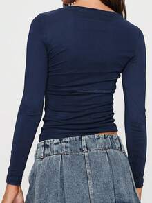 Women's Spring Fall Floral Tops Long Sleeve Round Neck Slim Fit Blouse For Party - Azul - Ver 7