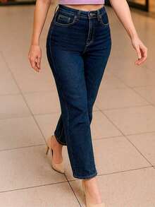 Jeans rectos azul marino tiro alto - Azul Marino - Ver 2