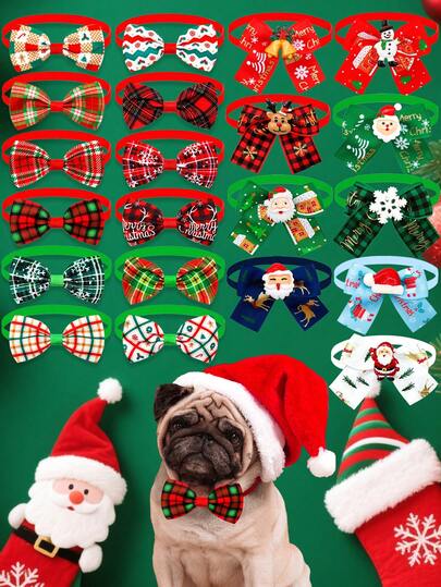 2/10 件圣诞宠物领结 - 节日鹿铃、雪花、雪人和格子条纹领带配饰，节日狗猫装饰（多种款式），完美的宠物圣诞礼物