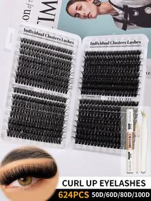 CMAYOME 624/640 Pcs D-Shaped Eyelash Cluster Set, Mixed Eyelash Kits, Naturally Fluffy, 10D + 20D + 30D + 40D + 50D + 60D + 80D + 100D Cluster-Shaped Eyelashes, Stand-Up Eyelash DIY Eyelash Wigs, Natural Effect Cluster-Shaped Eyelash Wigs