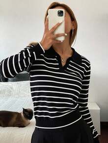 Livesso Striped Pattern Collared Sweater,Long Sleeve Tops Fall - Black - View 4