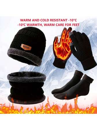 男士冬季套装 4 件套 - 帽子、手套、围巾、袜子等防寒装备；轻便保暖，适合户外活动、滑雪和单板滑雪；柔软羊毛和保暖材料；男士的理想礼物（款式，黑色）耐寒性：-10°C / 50°C 手洗或干洗；时尚实用，适合日常穿着和送礼。万圣节