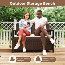 Outdoor Storage Bench W/Cushion Backrest & Acacia Wood Armrests Hidden Storage - Mix Brown - View 9