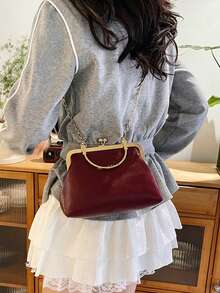 Autumn And Winter 2025, Solid - Color PU Vintage Kiss - Lock Bag With Metal Handle And Chain, A Fashionable And Versatile Women's Single - Shoulder And Crossbody Bag, Suitable For Dating, Shopping, Traveling, Daily Matching, Parties, Etc.