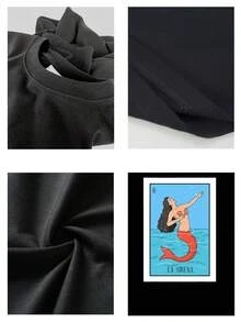 Camiseta gráfica de sirena del océano de verano para hombre, informal, elegante, mezcla de algodón suave, estampado único, ajuste cómodo, perfecta para la playa, vacaciones y uso diario. - Negro - Ver 4