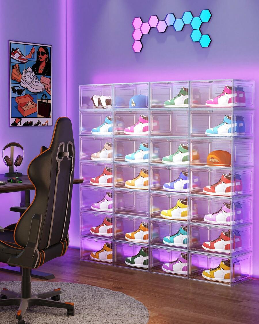 Boîtes à Chaussures Lot de 8, Rangement pour Chaussures, en Plastique, avec Porte, Empilable, 33 x 28,5 x 19,2 cm, jusqu'à la Pointure 46, Blanc Transparent - Blanc + Transparent - Voir 1