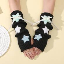 1pcs Girly Heart Star Bowknot Half Finger Gloves Autumn Winter Warm Cute Knitted Fingerless Gloves Student Party Outfit Star Arm Sleeves Women Autumn Winter College Style Y2K Pile Fingerless Sleeves Knitted Warm Fake Sleeves - 粉紅色系[粉紅色] - 查看 9