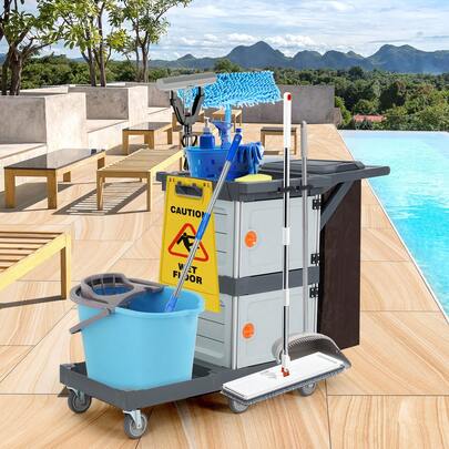 Carro de limpieza con 2 gabinetes, carro de limpieza tradicional con 3 estantes y ruedas, con funda y bolsa de vinilo, carro de hotel, carro de servicio de habitaciones, carro utilitario, carro de limpieza, gris