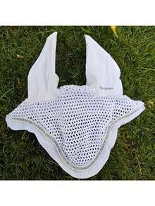 TGW RIDING Bonete para orejas de caballo con adornos de strass, bonete de orejas completo hecho a mano a ganchillo para caballos - Blanco - Ver 1