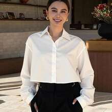 Livesso Solid Drop Shoulder Shirt,Fall Women Clothes Long Sleeve Top - White - View 7