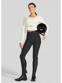 Willit Women's Horse Riding Pants Knee-Patch Equestrian Breeches Horseback Schooling Tights Zipper Pockets - 黑色 - 查看 6
