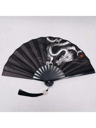 1pc Vintage Style Black Handled Double-Sided Fabric Folding Fan With Chinese Dragon Ink Painting Design
