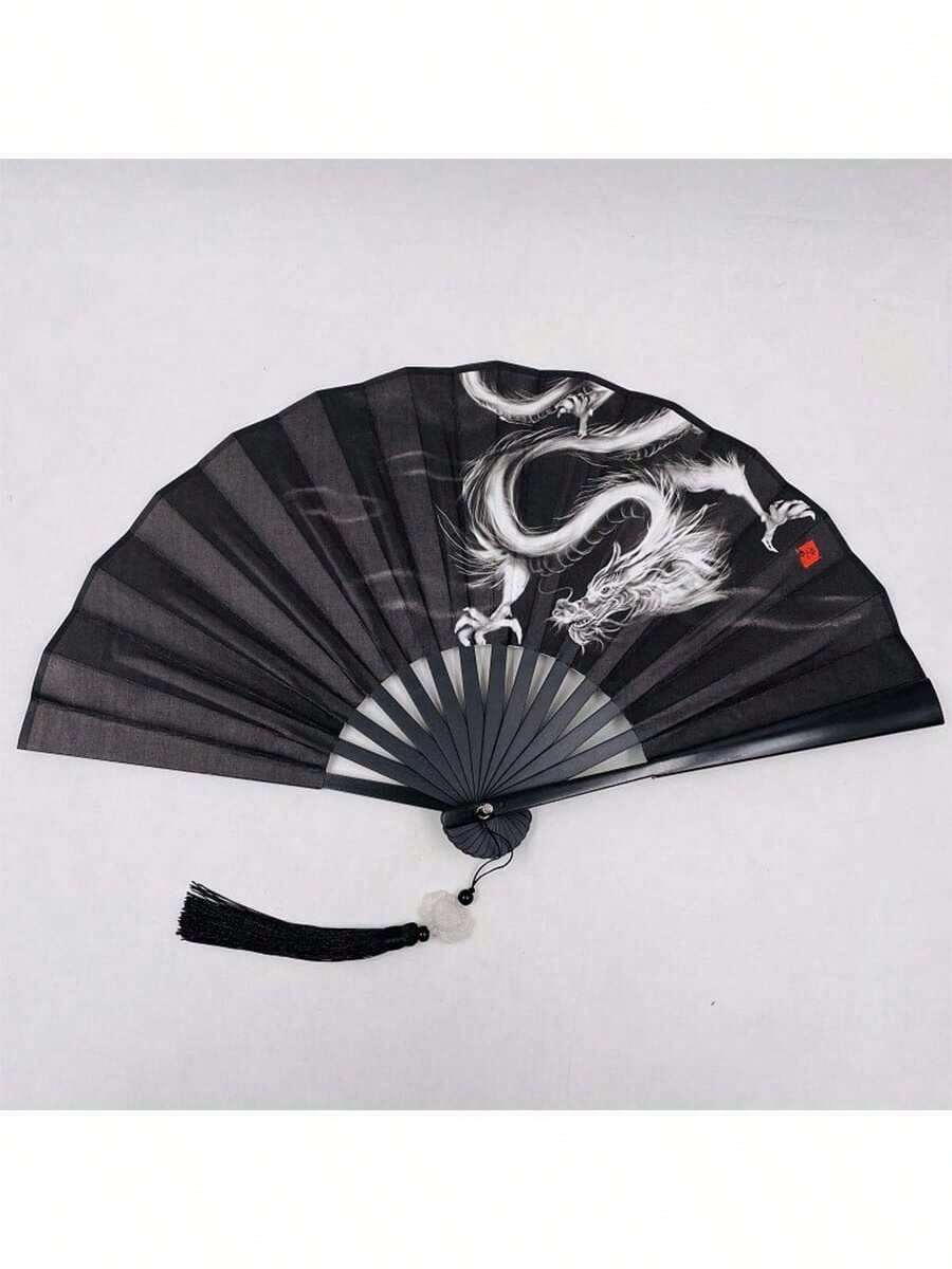 1pc Vintage Style Black Handled Double-Sided Fabric Folding Fan With Chinese Dragon Ink Painting Design - Black - View 1