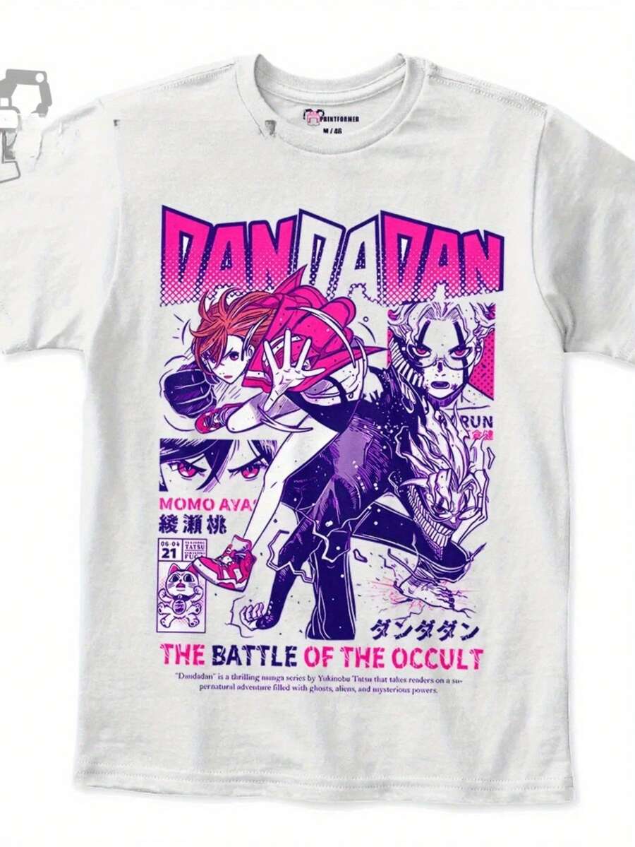 Dandadan Anime T-Shirt - Official Okarun & Momo Ayase Graphic Tee, Oversized Casual Shirt With Japanese Text, All Sizes Available - Perfect Gift For Anime Fans (Men's & Women's) - The Battle Of The OCULT Design - Dandadan Manga Apparel - Machine Washable Round Neck T-Shirt With Dynamic Action Poses - Vibrant Anime-Inspired Print For Year-Round Wear, Fandom Clothing, Comfortable Fit, Soft Fabric Tee, Unisex Animeinspired Top, Cosplay Enthusiasts - trắng - Xem 1