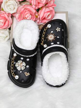 HOEASE Girls' Plush Lining Clogs, Slippers, EVA Soft Sole Comfortable Garden Shoes And Beach Shoes For Girls And Boys, With Removable Flower Charms For Home, Parties And Outdoor Activities, Ideal Gift For Christmas