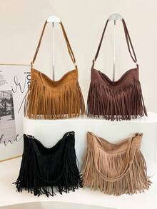 1 pieza Bolso de mano con diseño mate de moda, bolso cruzado versátil bohemio vintage con flecos, bolso de hombro estilo Y2K, regalo para vacaciones, ideal para compras al aire libre y estilo callejero - Negro - Ver 2