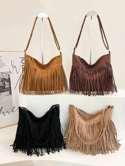 1pc Fashion Matte Design Handbag, Bohemian Vintage Versatile Crossbody Bag With Tassel, Y2K Style Shoulder Bag, Holiday Gift, Ideal For Outdoor Shopping And Street Style , Bohemian Outfit For Women, Boho