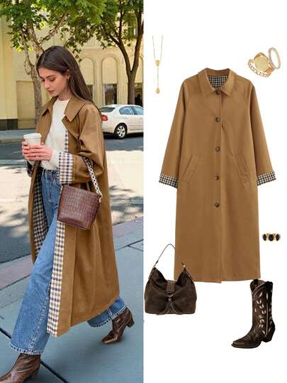 Abrigo trench de mujer nuevo de otoño/invierno, elegante para ir al trabajo, con cuello polo. Abrigo trench largo de un solo pecho, de estilo casual y retro, en color marrón, con diseño de cuadros en contraste. Abrigo de invierno para mujer, ropa nueva de año nuevo, atuendo para salir, atuendo casual, blazer elegante.