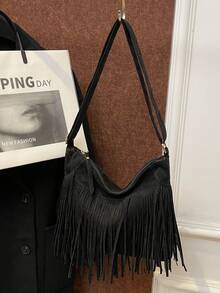 1 pieza Bolso de mano con diseño mate de moda, bolso cruzado versátil bohemio vintage con flecos, bolso de hombro estilo Y2K, regalo para vacaciones, ideal para compras al aire libre y estilo callejero - Negro - Ver 4