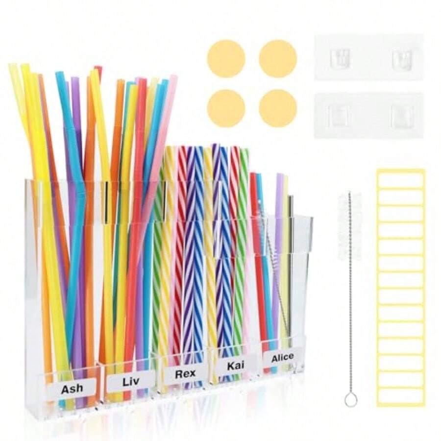 Soporte de paja acrílico para puerta de gabinete con cepillo para polvo de pajita ganchos adhesivos y adhesivos pajitas de vaso reutilizables organizador de almacenamiento dispensador de pajitas - Por supuesto - Ver 1