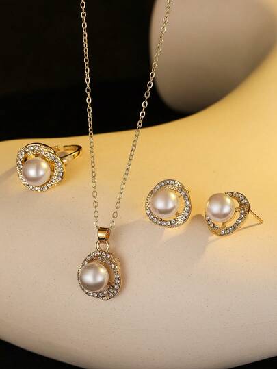 4 件套优雅珍珠镶嵌项链戒指耳环首饰套装适合女士婚礼派对