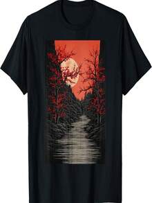 Woodblock  Graphical Art Vintage Cherry Blossom T-Shirt(2) - Black - View 1