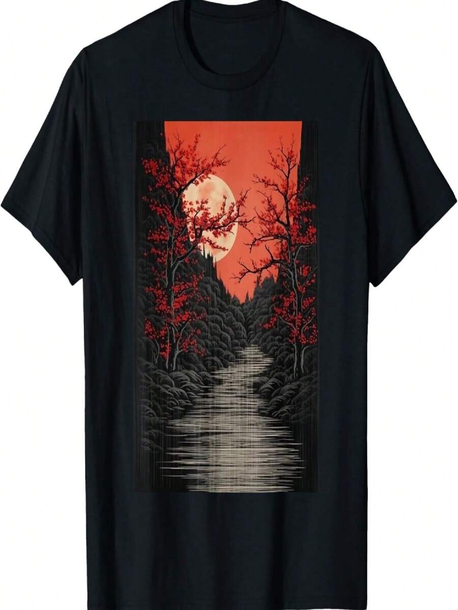 Woodblock  Graphical Art Vintage Cherry Blossom T-Shirt(2) - Black - View 1