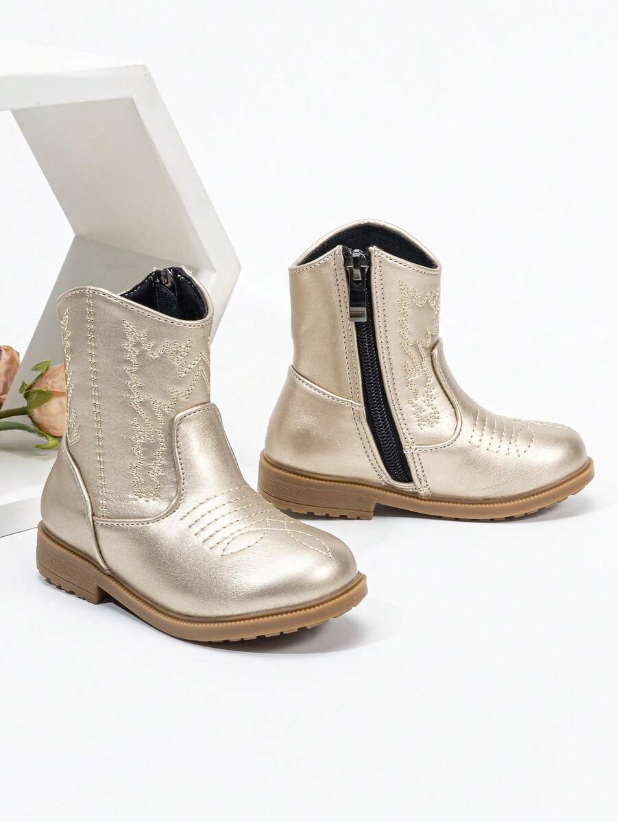 Botas con bordado de tótem de otoño/invierno, nuevas botas occidentales para bebé versátiles, resistentes al desgaste, cálidas y cómodas con estilo minimalista y cremallera lateral - Dorado - Ver 1