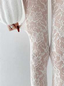 Women Floral Pattern Jacquard Hollow Out Fishnet Leggings, Sexy Tight Fit Pantyhose Stockings, High Stretch Sweet Tights 2DFW - trắng - Xem 5