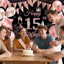Black Pink Happy 15th Birthday Banner Backdrop Kit With 12 BalloonsCake Topper1.8m X 1.15m Birthday Decorations For Parties Photography Premium Party Supplies For Women Girls