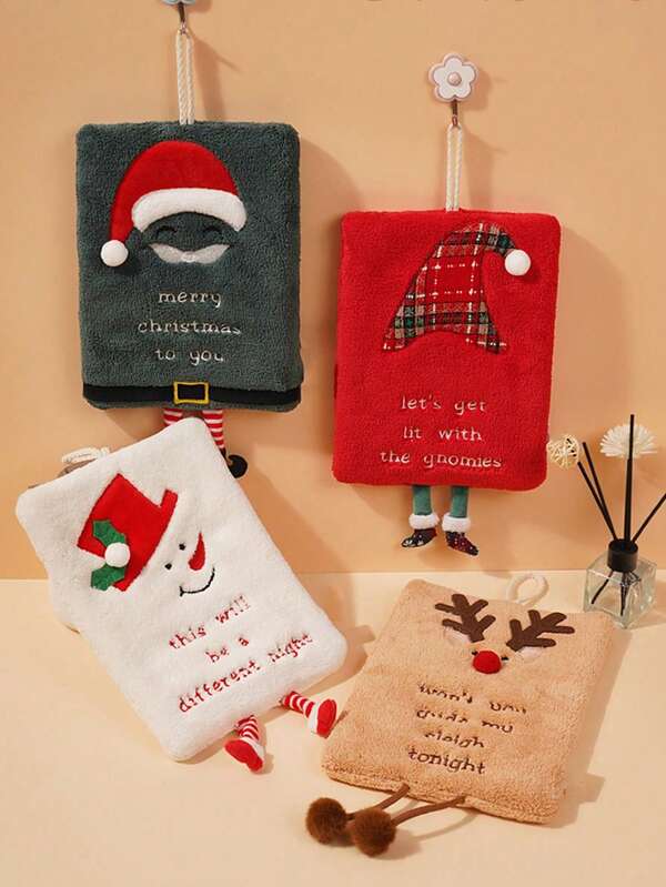 1pc Christmas Hand Towel, Hanging Thickened Coral Fleece Absorbent Quick-Dry Cartoon Hand Towel For Kitchen