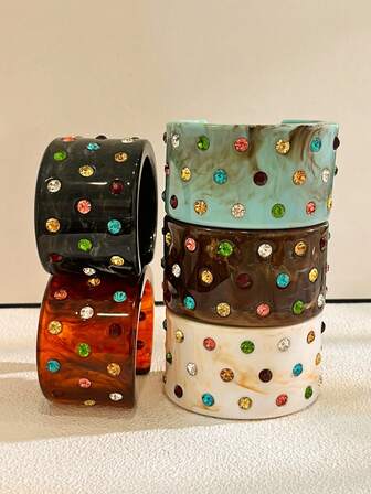 1 pieza Brazalete abierto de resina con teñido anudado y cristales de colores vintage, adecuado para fiestas/atuendos retro de mujeres