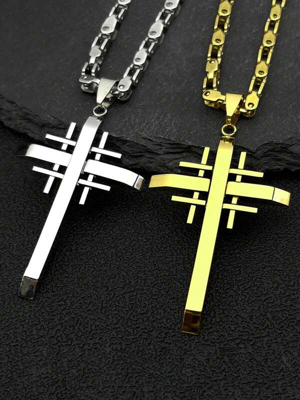 Pendentif en acier inoxydable de forme géométrique croisée, assorti à une chaîne en métal (couleur argent, or), bijoux de mode pour hommes et femmes