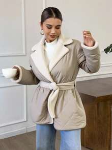 Livesso Women's Quilted Padded Coat With Contrast Color Belt, Lapel Collar, Autumn/Winter Jacket - Apricot - View 2