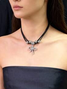 New Retro American Style Bow Layered Necklace, Malachite Collarbone Chain, Popular Sweet & Hot Girl Sweater Chain Accessory