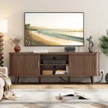 GIKPAL Fluted TV Stand For 65 Inch TV – Modern Entertainment Center With Power Outlets, Adjustable Shelves & Sliding Doors, Stylish Media Console For Living Room, Walnut - 查看 2