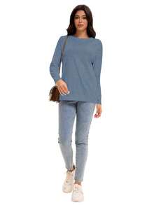 Luueen Women's Fall Basic Long Sleeve Shirts Casual Loose Fit Stylish Fashion Tops - Màu xanh mờ - Xem 6