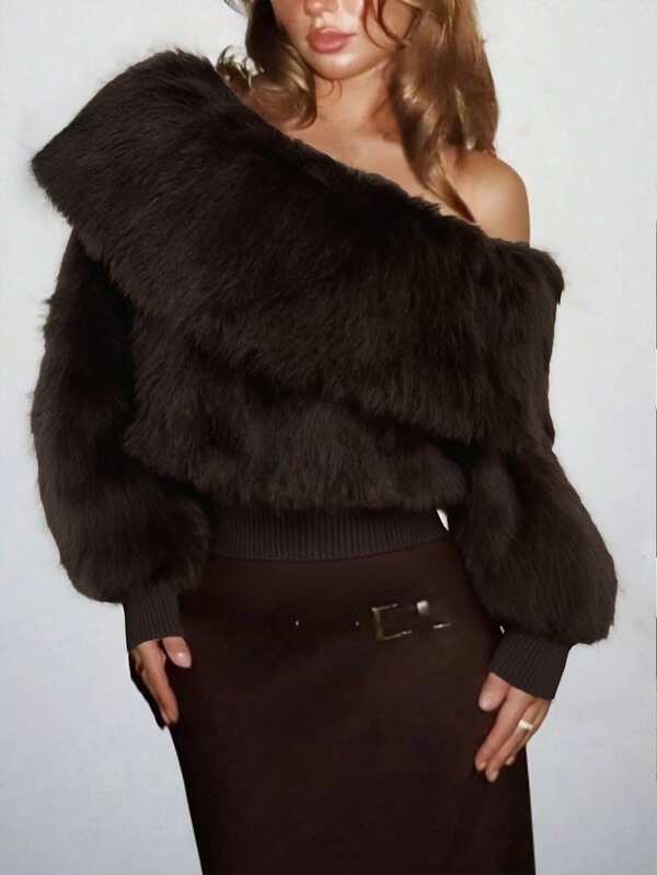 Damen elegante Pendler Lässig vielseitige Crop Jacke mit Kunstfell Kragen, braun Langarm mit gerippten Bündchen & Saum, geeignet für Halloween, Heiligabend, Weihnachten, Frühlingsfest, Ausflüge, Treffen mit Freunden, Einkaufen, Unterhaltung, Arbeit usw. Grundjacke mit komfortablem Material und markanter Optik, hohe Preis-Leistung, Herbst/Winter