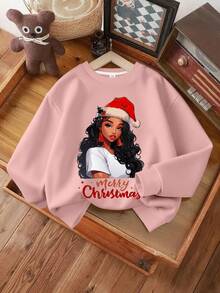 2 Stücke/Set Tween-Mädchen Weihnachts Bedruckter Kapuzenpullover und Weihnachts Slogans Bedruckte Hose, geeignet für Herbst/Frohes Neues Jahr Tragen