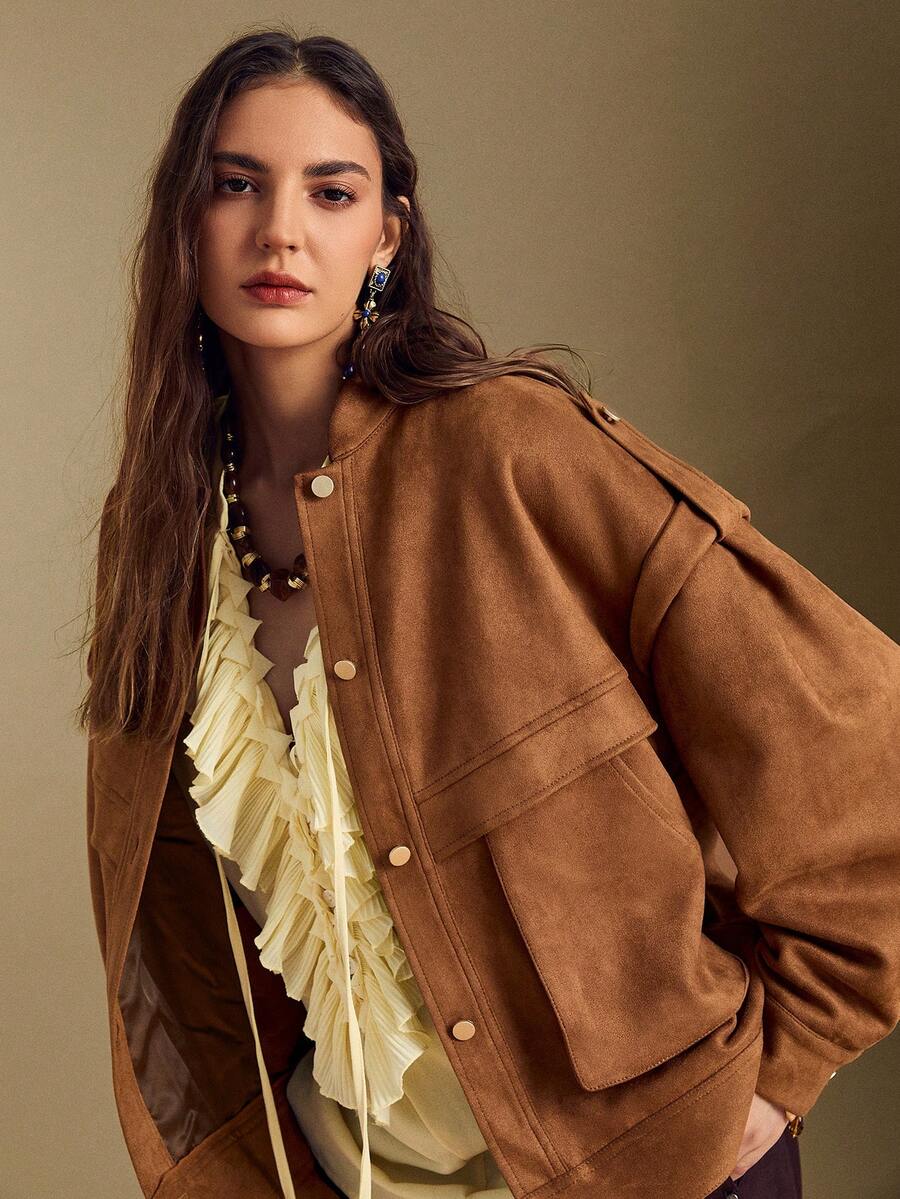 Sollinarry Women's Autumn New Urban Fashion Brown Faux Suede Long Sleeve Jacket, Front Button Stand Collar Design, 3D Pockets, Shoulder 2 In 1 Design, Lined, Suitable For Office, Outings, Shopping - Brown - View 1