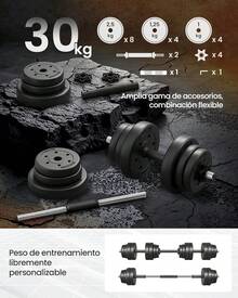 SONGMICS Juego de Mancuernas 2 en 1, Mancuernas Ajustables de 20/30 kg, con Barra Adicional, Gimnasio de Casa, Negro Tinta - 20.0 Kilogramos - Ver 4