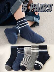 5 双儿童/中性条纹拼布运动中筒袜，柔软舒适，温暖休闲，适合秋冬 - 彩色 - 查看 8