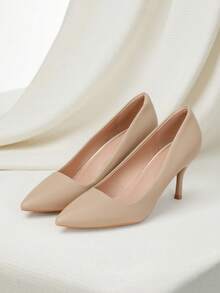 Clariva Point Toe Stiletto Heeled Court Pumps, Khaki Elegant Solid Color Women's High Heel Pumps Winter Gifts - Khaki - View 2