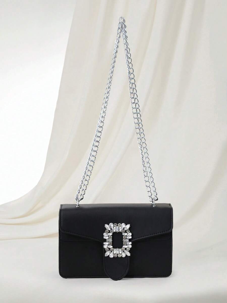 Clariva Rhinestone Decor Crossbody Bag, Mini Chain Shoulder Bag, Women's Sparkly Handbag & Square Purse Gifts